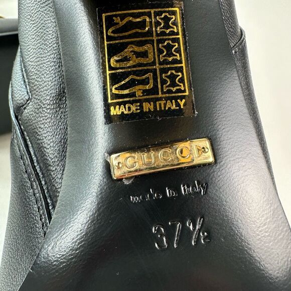 GUCCI Baby Bit Black Leather Boot Size 37.5 High Heel Bootie Square Toe Horsebit - Picture 11 of 13